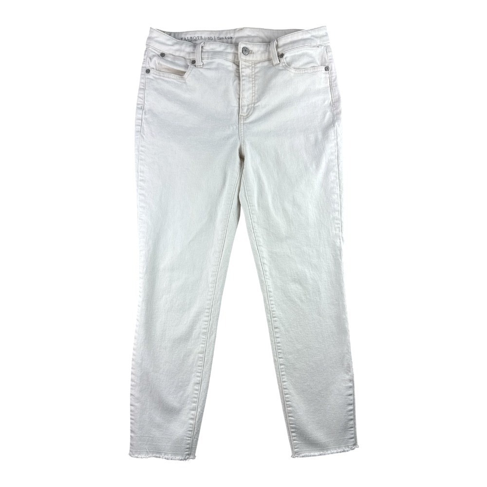 Talbots Flawless Slim Ankle Off White Jeans Raw Hem Size 10 Stretch Denim